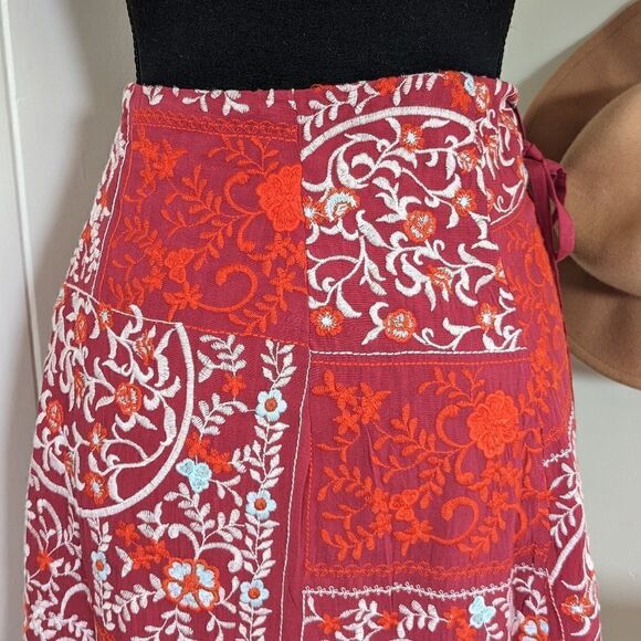 Anthropologie Red White Embroidered Wrap Tie Waist Skirt 6 Coastal Cowgirl - Picture 4 of 13